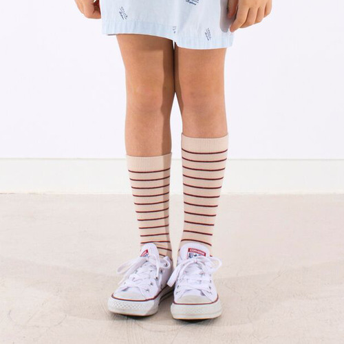 [30%]stripes high socksbeige/bordeaux